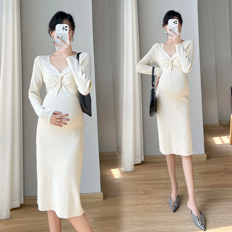 Korean Pregnant Women Autumn and Winter Design Knitted Collar Long Sleeve Dress Inner Bottoming Sweater Slim Fit Sexy Dress