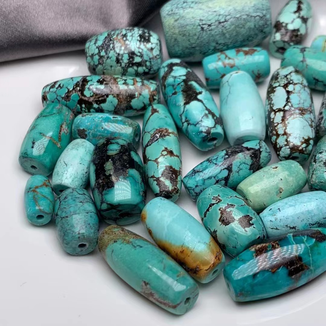 天然无优化绿松石桶珠diy配件漂亮高瓷绿松石天珠文玩配饰厂批发