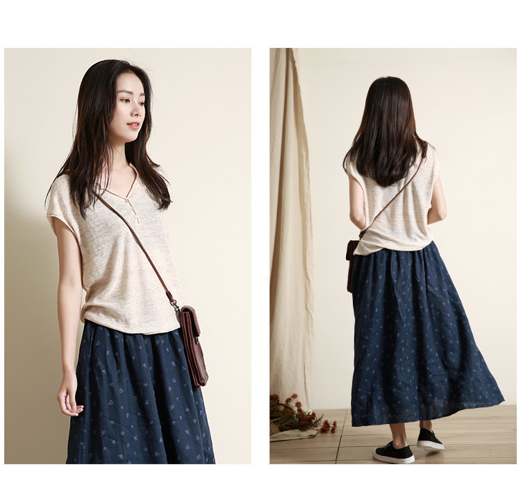 春夏季新款天丝亚麻清凉透气女v领文艺宽松短袖t恤针织衫详情14