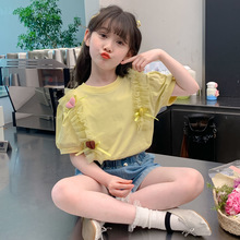 女童夏装T恤2024新款儿童洋气韩版女孩夏季短袖体恤纯色宽松时尚