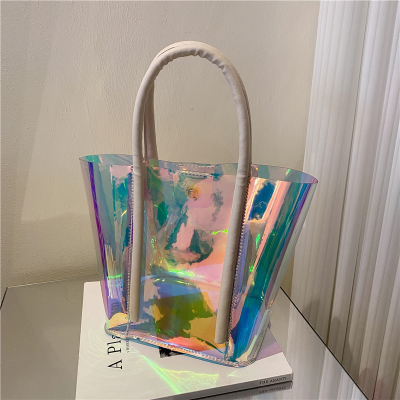 New Summer Laser Women's Bag Fashionable Casual Transparent Large Capacity Tote Bucket Bag Versatile Handheld Gel Bag Wholesale