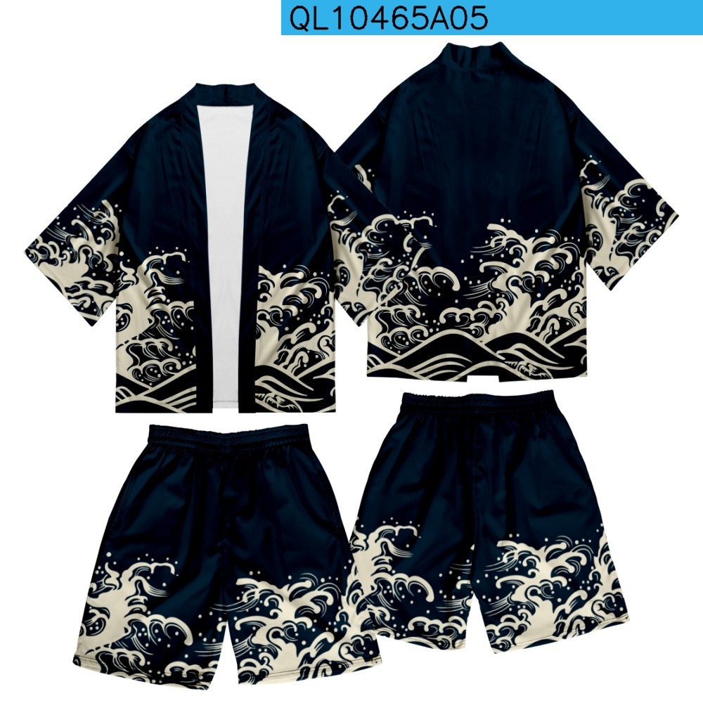 夏季羽织和服 波浪元素 3d数码印花七分衬衫道袍开衫宽松男