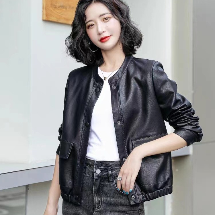 春季新款韩版修身pu皮短款翻领女式皮衣外套-阿里巴巴