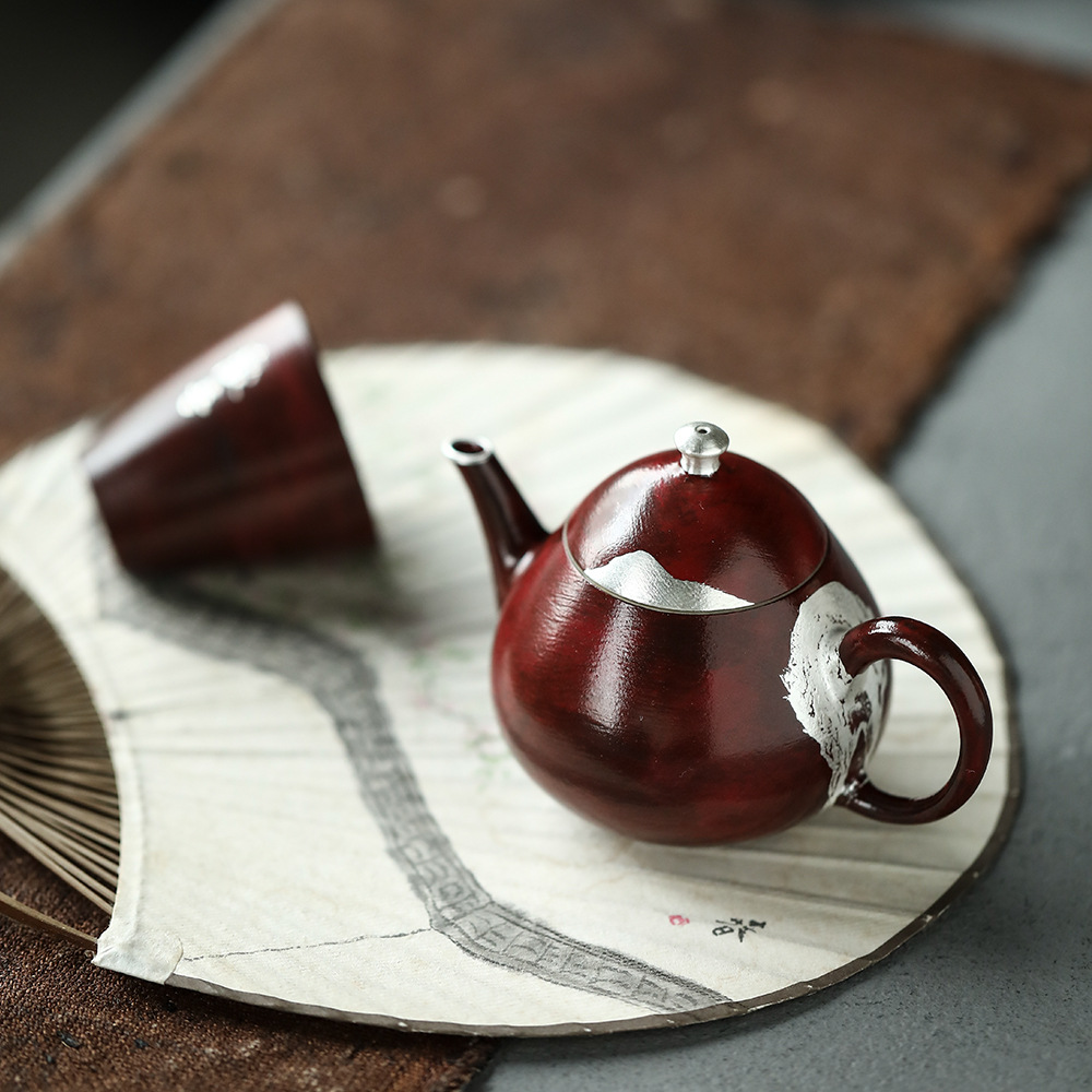 晴先生故宫红水滴壶景德镇全手工原矿茶壶高温鎏银远山泡茶器80ml