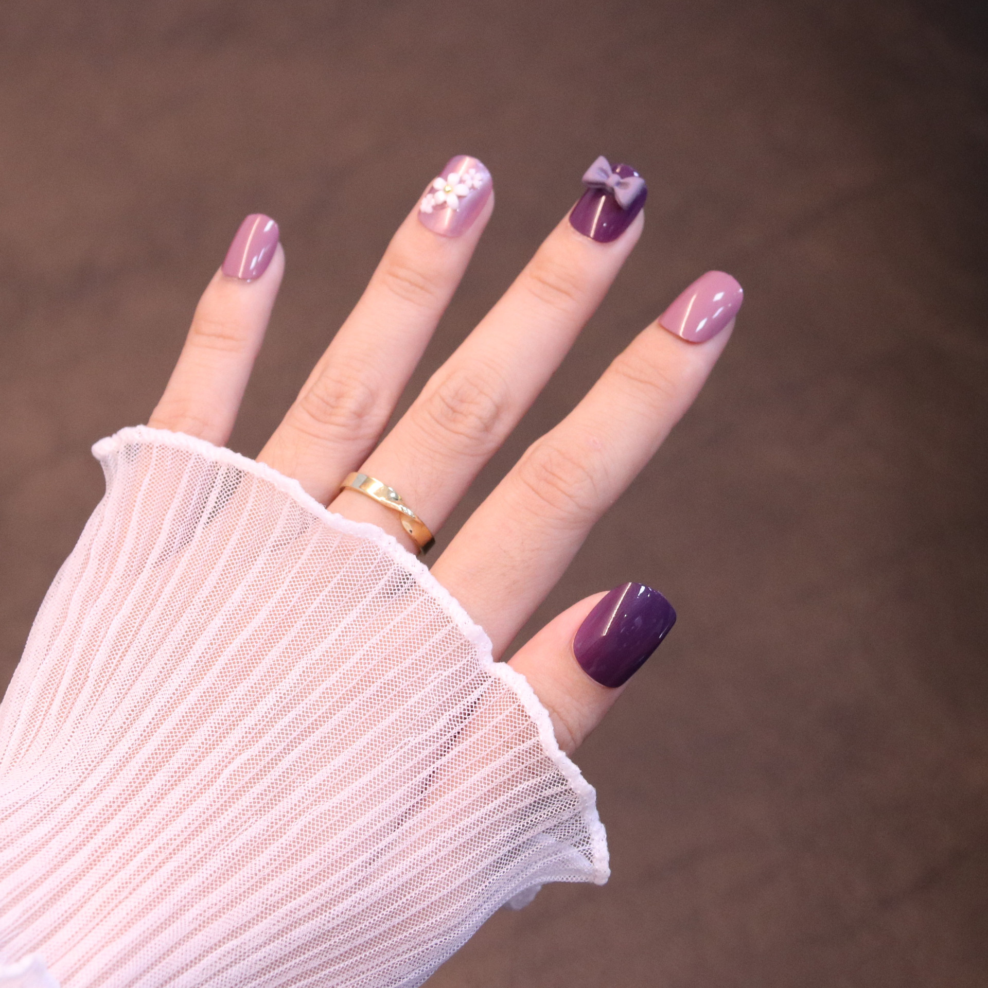 美甲贴片穿戴甲美甲片成品短款浅紫小花假指甲贴片拆卸指甲片批发