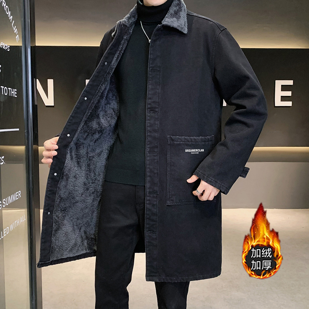 24秋冬新款m-5xl加绒羊羔绒白底长款牛仔风衣大码网格加厚外套潮