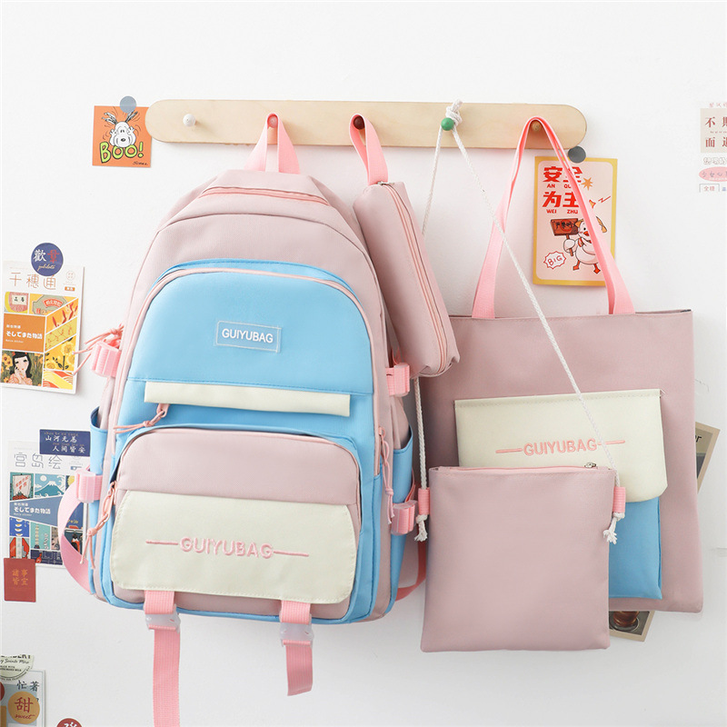 Four-Piece Set Elementary and Middle School Student Schoolbags Men Korean College Harajuku Contrast Color Cute Fresh Junior School Backpack Women