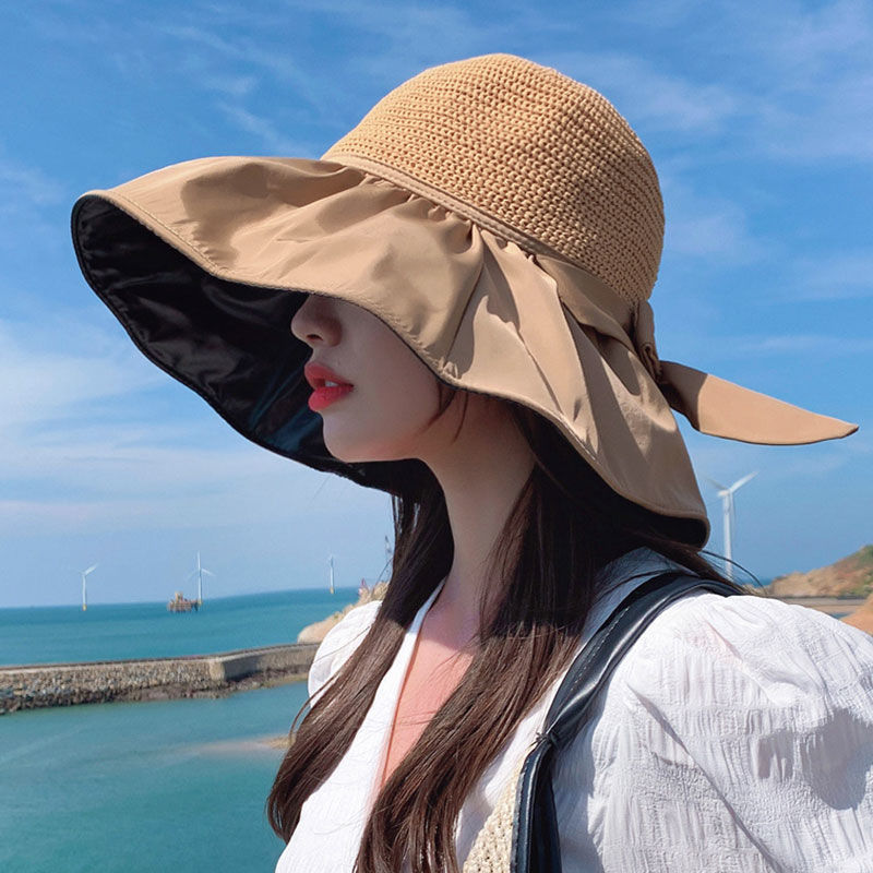 Sun Hat Sun Protection Hollow out Breathable Bow Vinyl Beach Hat Straw Hat Large Face Cover Sun-Proof Sun Fisherman Hat