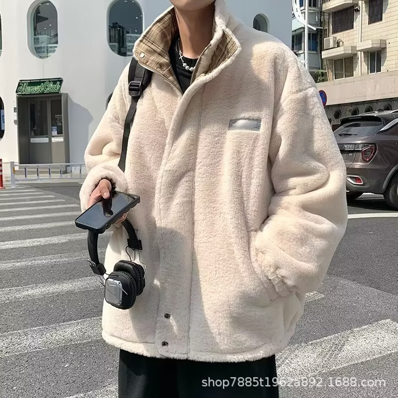 高质量羊羔毛外套男冬痞帅气潮牌棉服加绒加厚宽松双面穿夹克外套