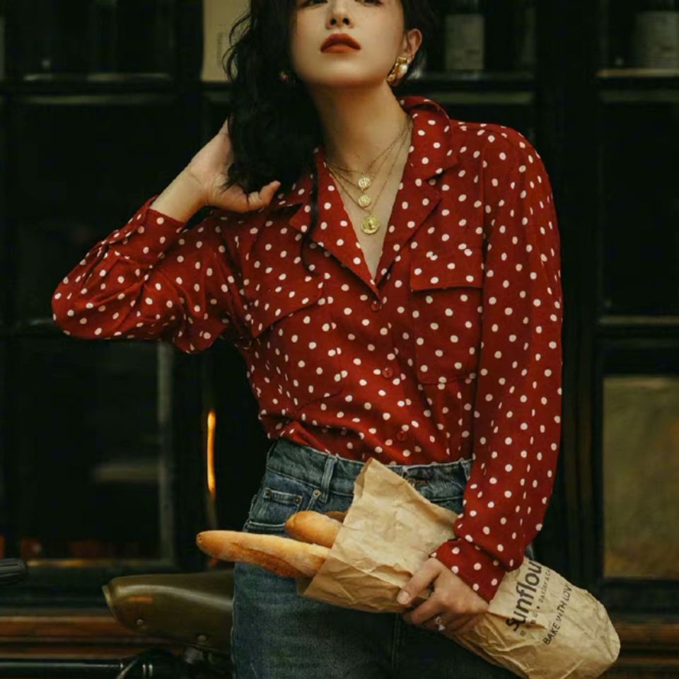 港式复古女装明星同款小众设计感复古港风气质洋气衬衫女波点小衫