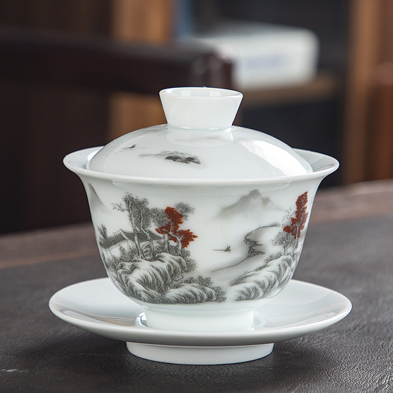 Dehua Misty Blue White Porcelain Basketball Landscape Gaiwan Kung Fu Tea Set Large 150 Ml3.2-Inch Tea Brewing Bowl