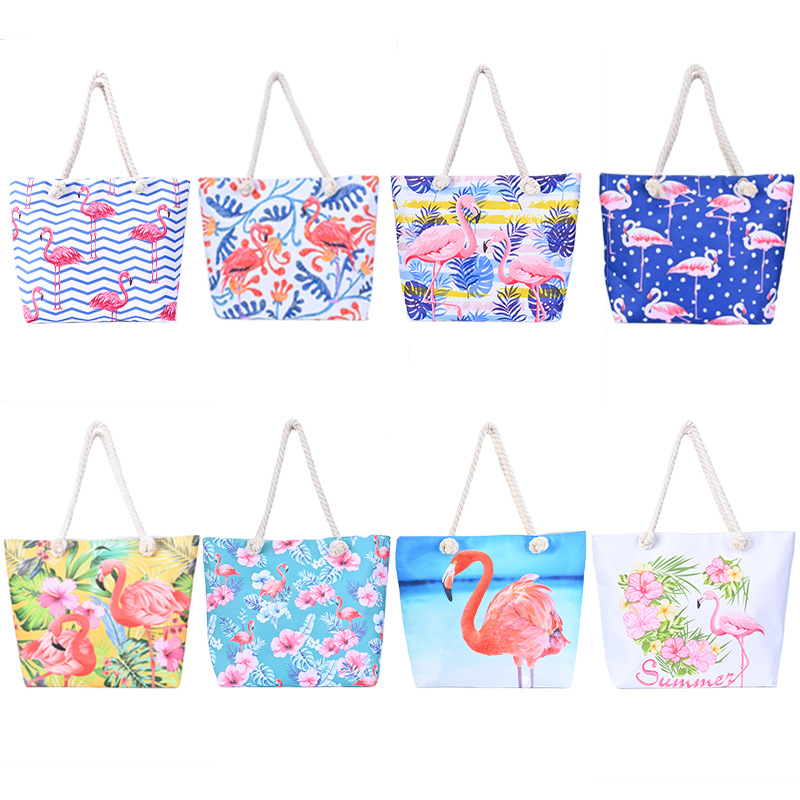 Cross-Border Hot Selling Flamingo Women's Beach Bag Travel Storage Tote Large Capacity Shoulder Bag Canvas Bag in Stock