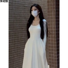 法式感白色领长袖连衣裙女2024春季新款收腰显瘦性感长裙子代发代