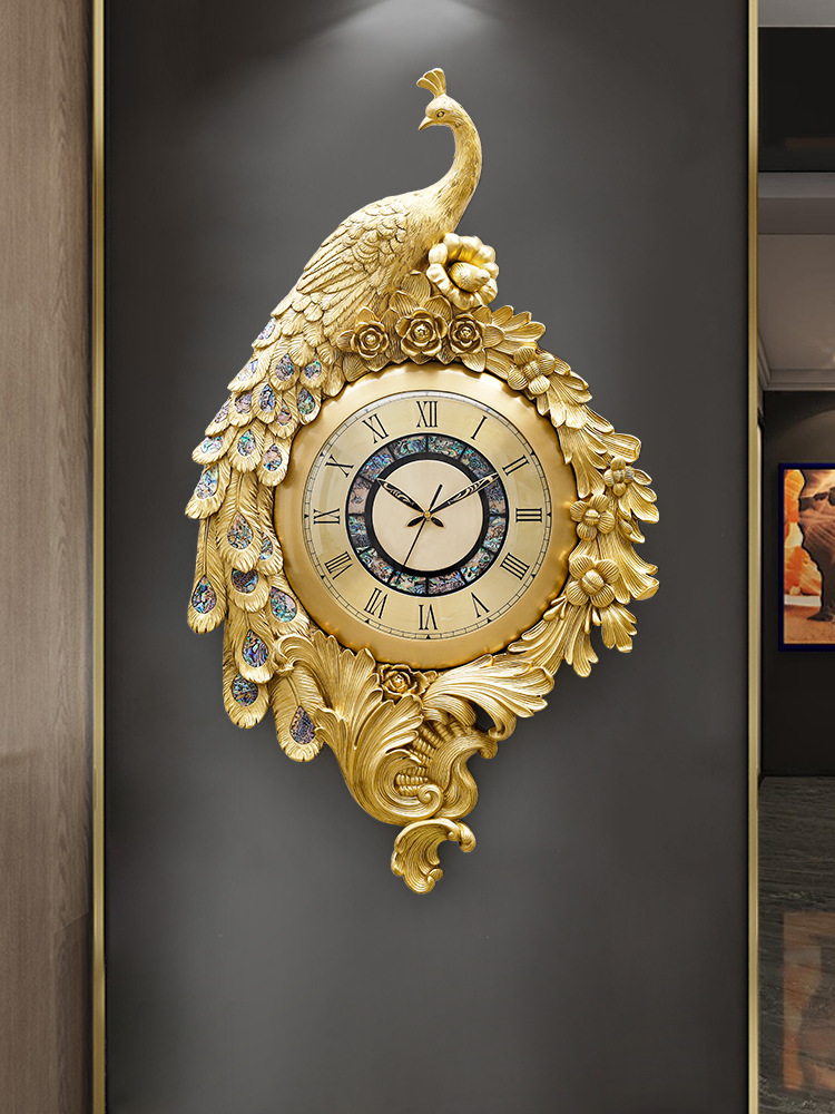 黄铜孔雀挂钟欧式轻奢家用客厅钟表玄关壁挂美式艺术黄铜时钟