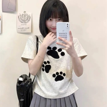 猫爪子正肩t恤日系可爱甜美圆领短袖夏季清新甜妹植绒女上衣-阿里巴巴