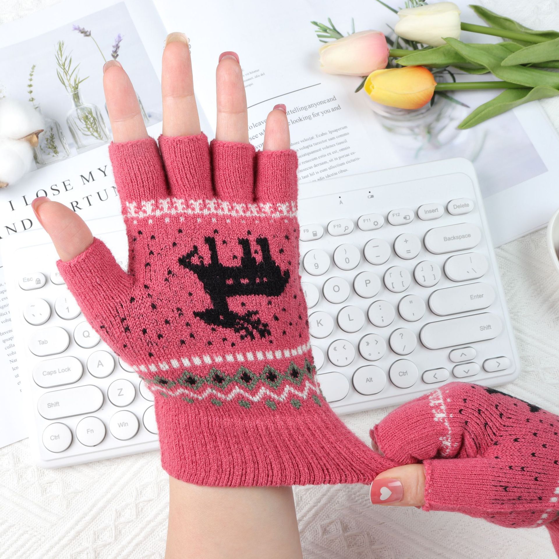 秋冬季半指手套女士厚保暖针织毛线露指户外骑行工作学生写字冬天