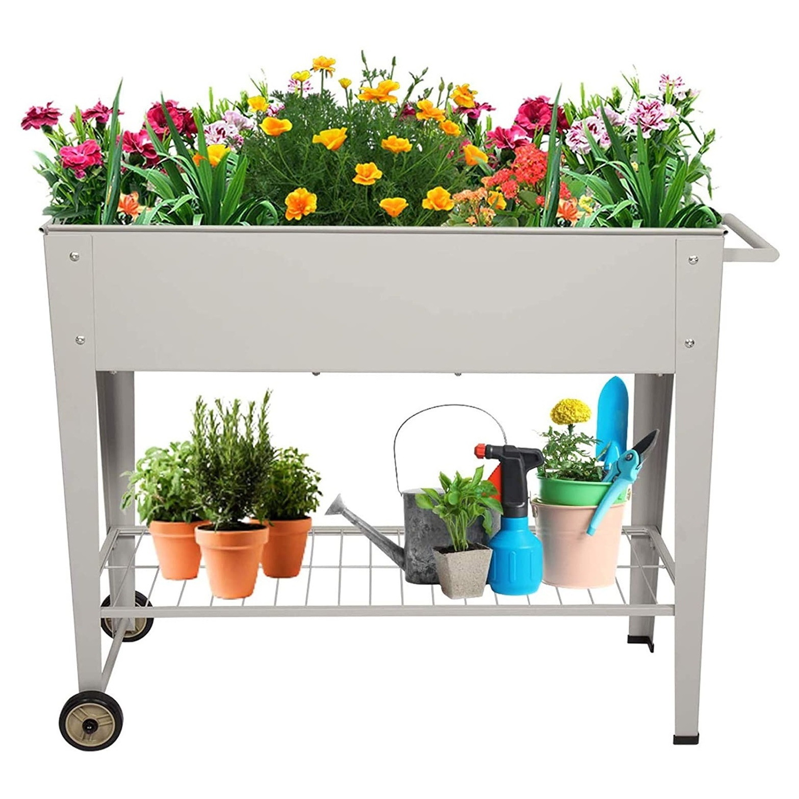 跨境专供 落地可移动铁艺铁皮种植花箱 阳台庭院移动便携花床花架