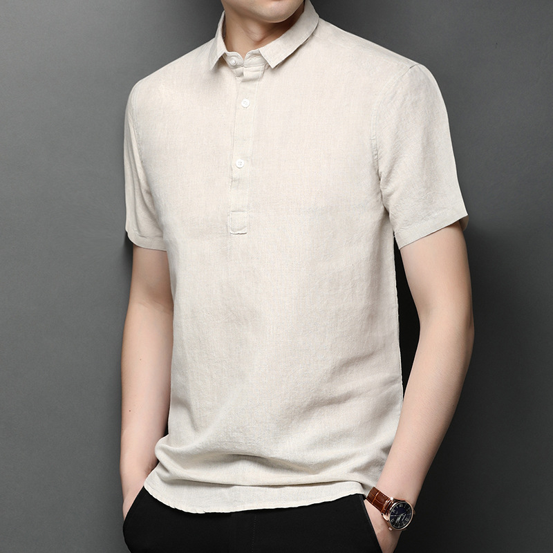 高端亚麻t恤男士短袖polo衫2024夏季新款商务复古中国风纯色t恤男