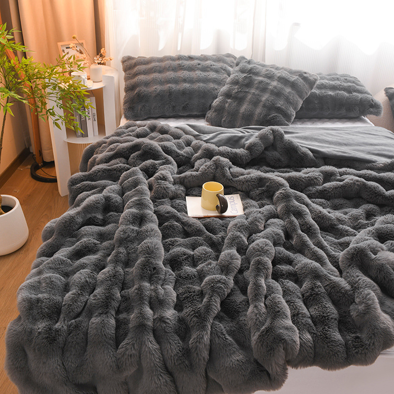 Winter Light Luxury Rabbit Plush Blanket Thickened Double-Sided Fleece Bedroom Cover Blanket Advanced Rabbit Plush Bedding Nap Blanket