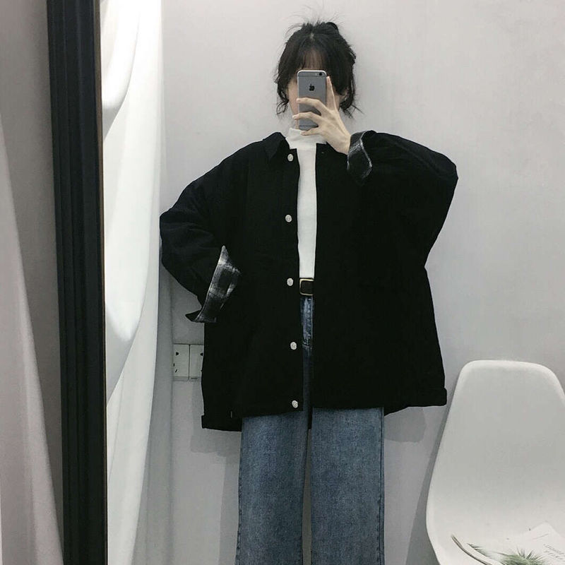 工装长袖黑色外套女韩版宽松学生秋冬季女装新款里层格子上衣女潮
