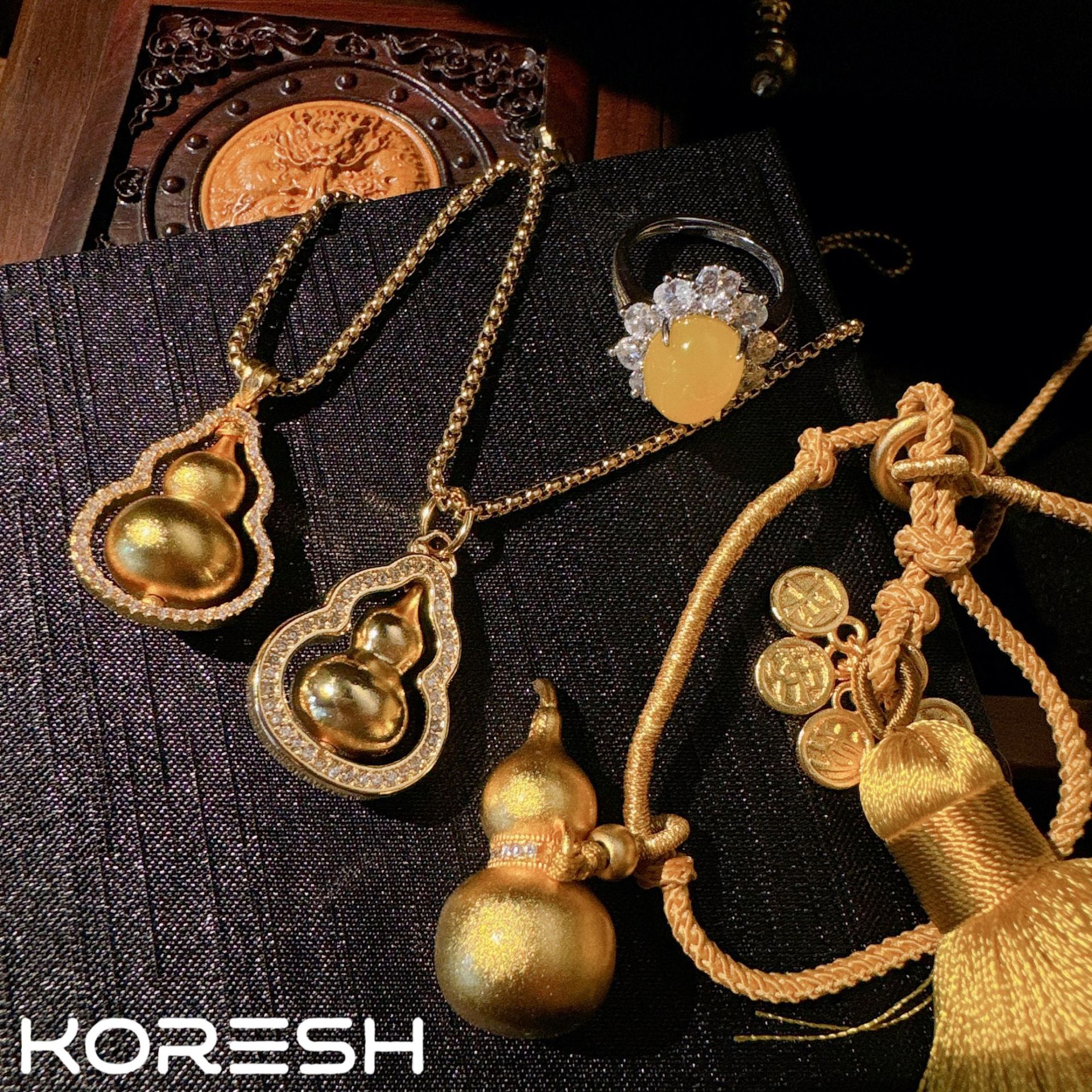 砂金系列 福禄满满 小葫芦项链 高级古董感 黄玉髓戒指 镀18k金