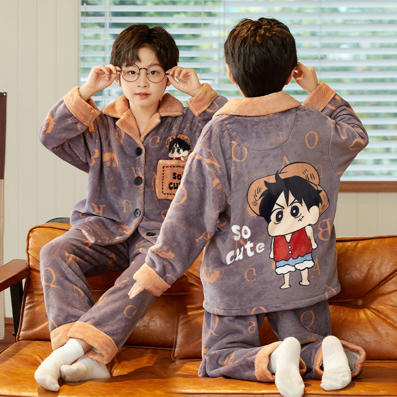 男童法兰绒睡衣儿童秋冬开衫长袖中大童男孩12岁少年珊瑚绒家居服