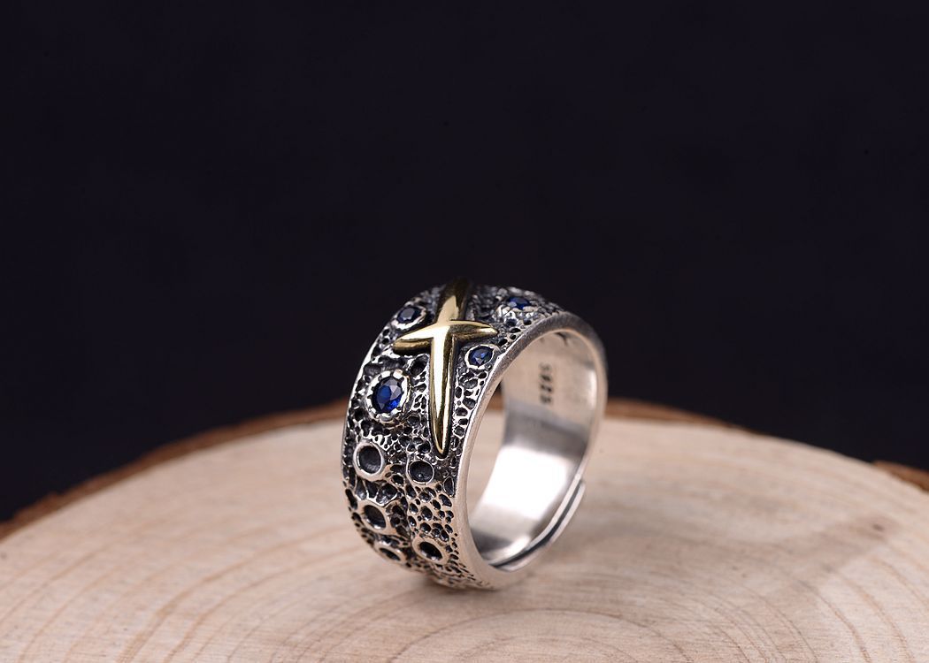 泰银天空十字星辉镶蓝锆开口戒指星空戒指星辰指环男陨石尾戒子