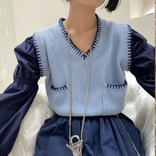 neihe内赫十三行毛衣拼接2021秋季新品v领针织衬衣袖上衣女装短款