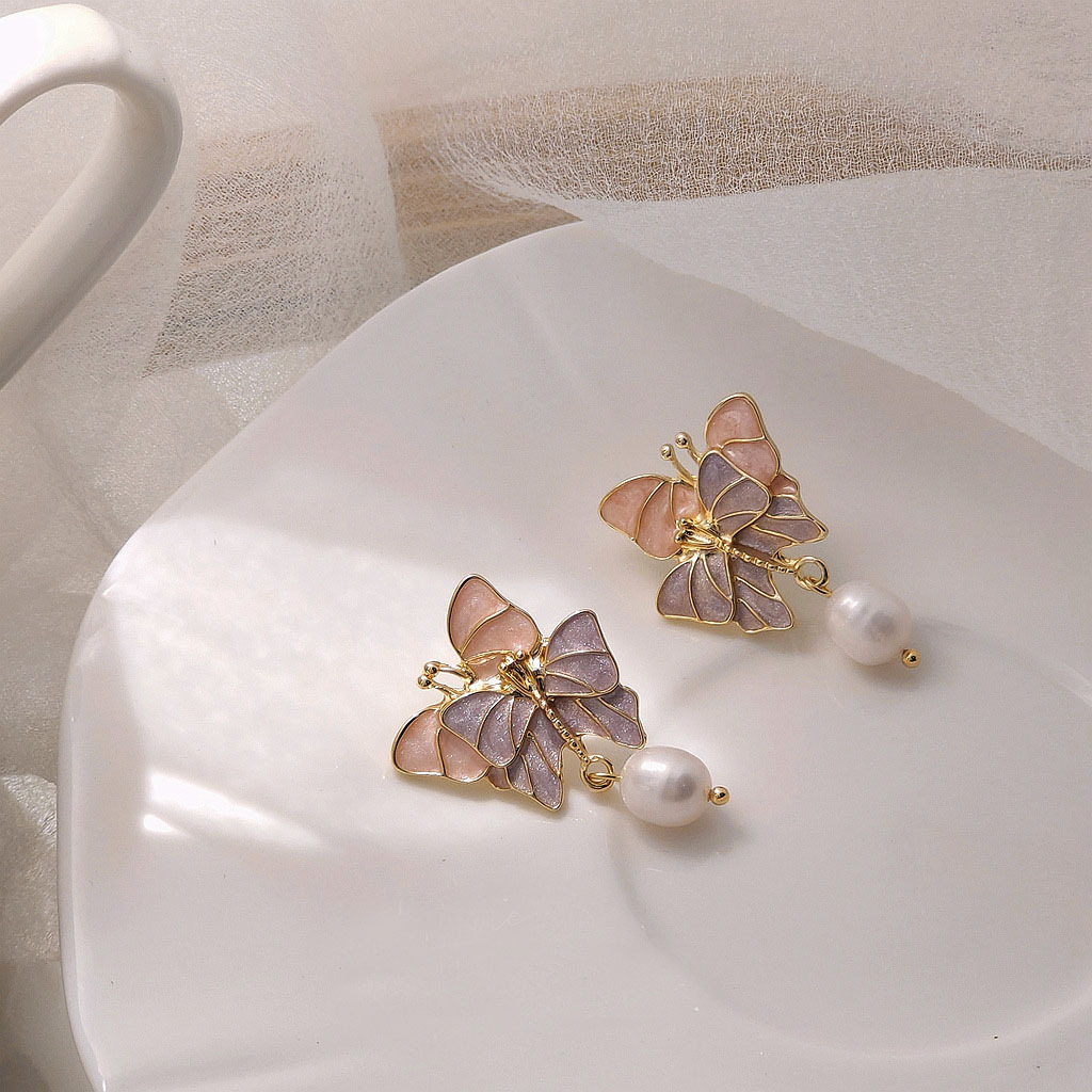 Super Fairy Girl Sterling Silver Needle Purple Dreamy Butterfly Vintage Earrings Gentle Freshwater Pearl Grace Ear Studs