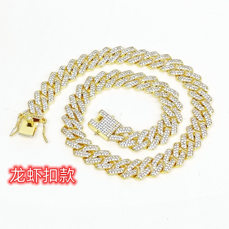 Hot Sale Zinc Alloy Material 14mm Thick Encryption Full Diamond Diamond Cuban Link Chain Necklace Rap Hip Hop Ear Accessories