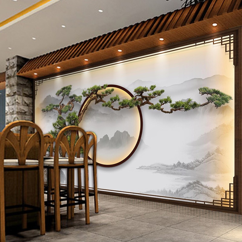 3d新中式墙纸大气山水迎客松足疗店养生馆饭店背景墙壁画茶室壁纸