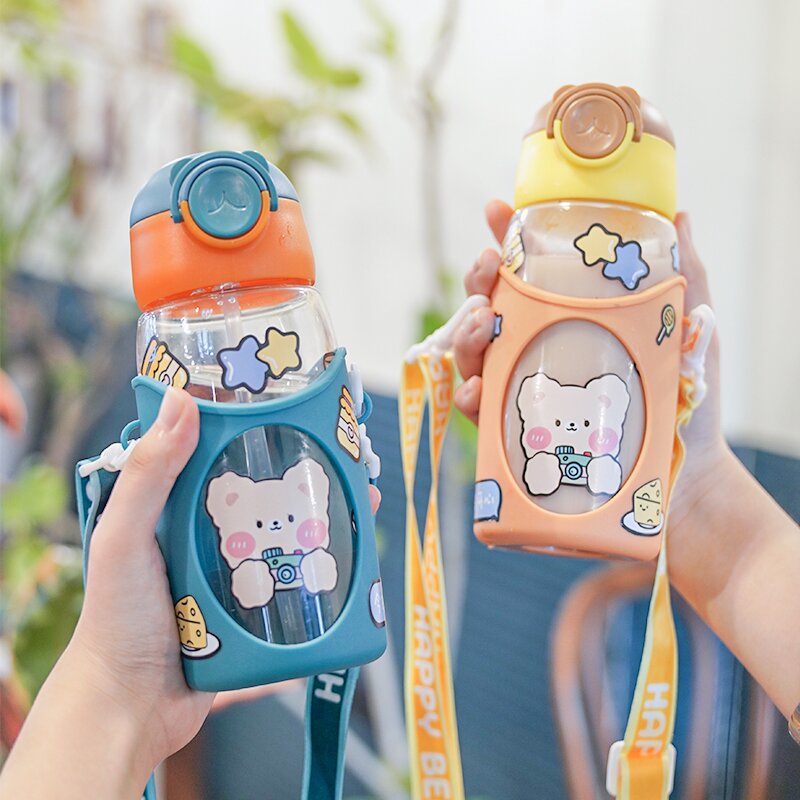 Children's Cups with Straw Strap Good-looking Cute Male and Female Students Outdoor Portable Crossbody Drop-Resistant High Temperature Resistant