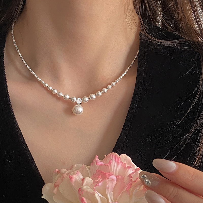 Small Pieces of Silver S925 Sterling Silver Shijia Pearl Necklace Women's All-Match Clavicle Chain High-Grade Gradient Necklace Jewelry Wholesale