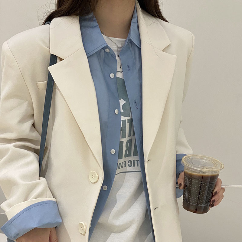 奶杏白色休闲小西装外套女春秋2022新款韩版英伦风篙级感西服上衣