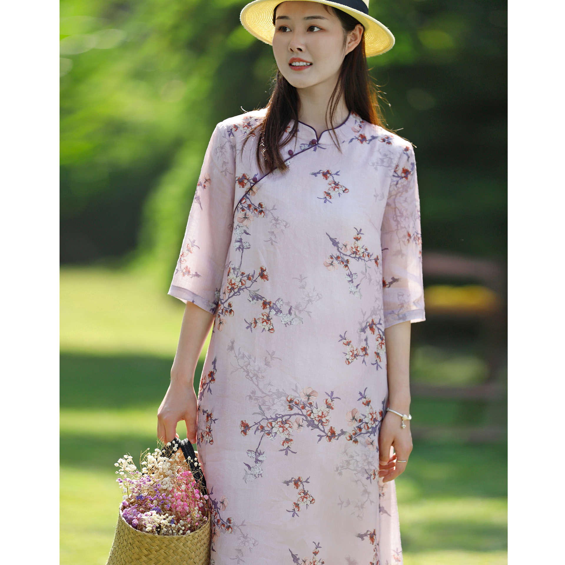 文艺复古棉麻女装新款 高端100支苎麻印花修身国风改良旗袍女批发