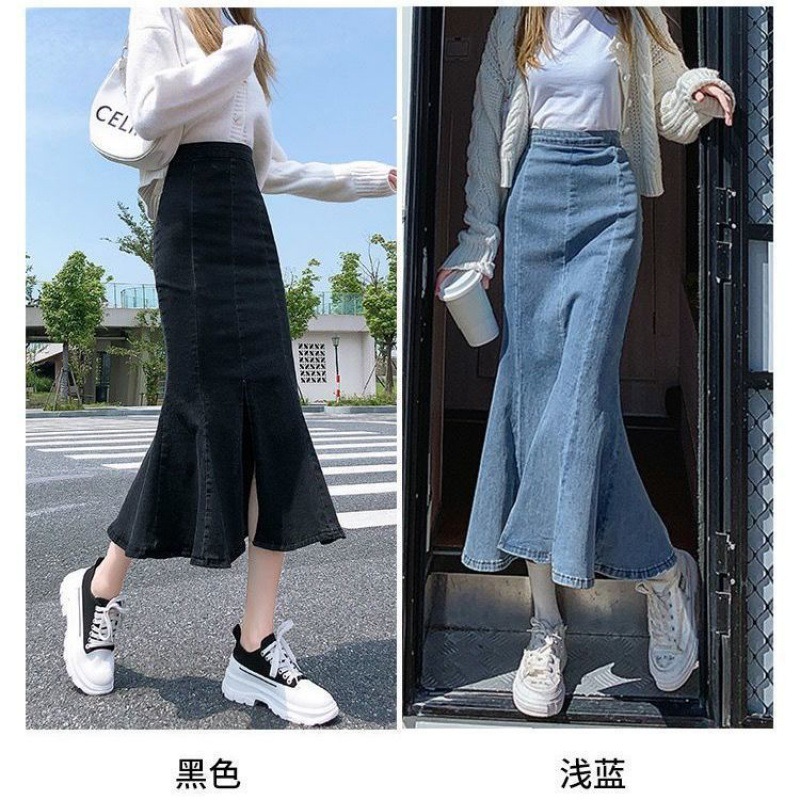 Japanese Single Skirt Short Denim Women's Autumn New Student High Elastic All-Match Mid-Length Sheath Fishtail Fashion