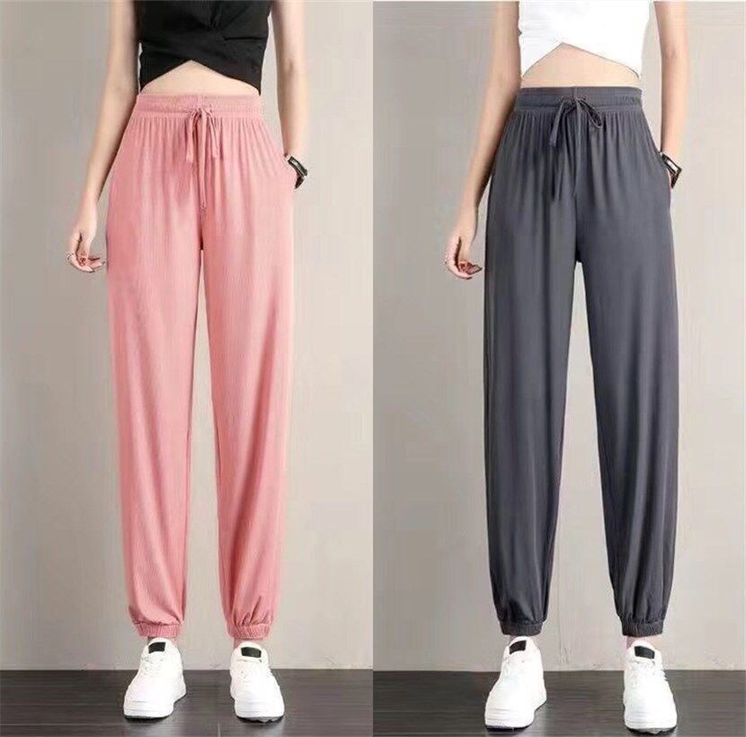 Ice Silk Sports Pants for Female Students Korean Style Loose Large Size Slimming Summer Thin Casual Sweatpants Smooth Ankle-Length Pants Women
