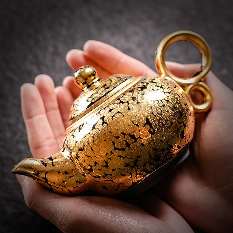 24k纯金天目茶具套装家用 手工建阳油滴建盏黄金入釉茶壶茶杯礼品