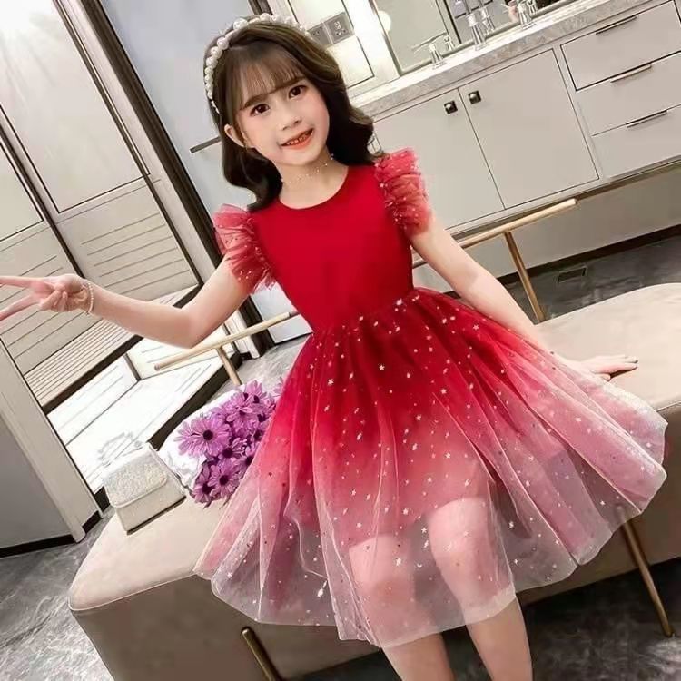 Girls Summer New 2023 Western Style Starry Sky Gradient Short Sleeve Dress Princess Dress Tulle Tutu Skirt Kids' Skirt