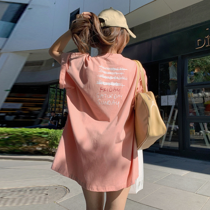 跨境笑脸印花短袖圆领t恤女夏季新款韩版学院风宽松虾粉色上衣女