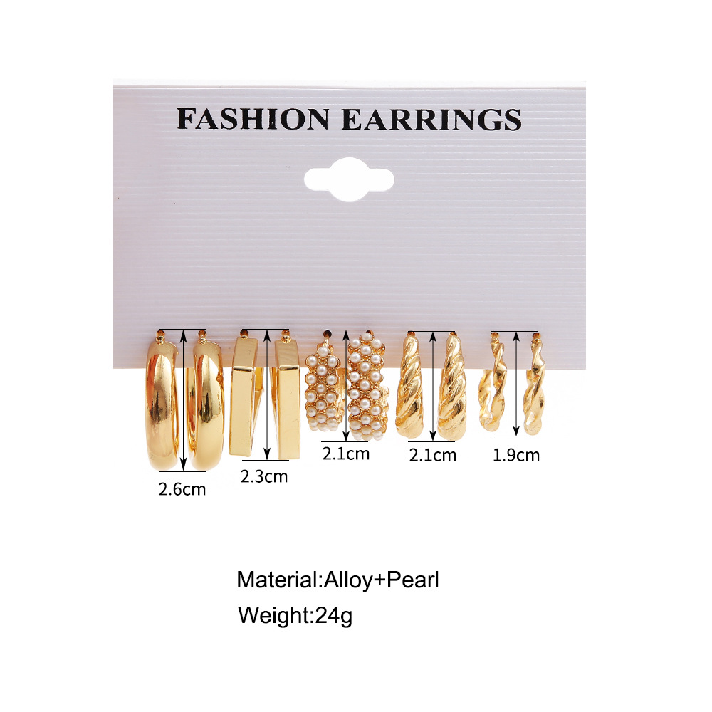 Cross-Border Hot Selling Metal C- Shaped Earrings Geometric Ear Ring Suit 5 Piece Set Vintage Pearl Earrings Earringset