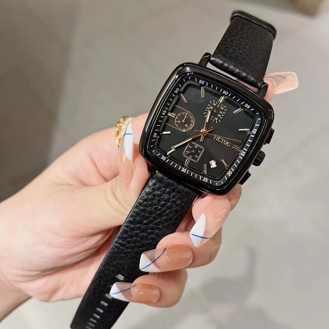 tt方形手表三眼6针带日历防水学生休闲时尚潮流运动女士女表皮带