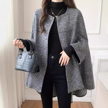 外贸原单中长款开衫圆领格子外套斗篷女秋冬新款韩版时尚呢子大衣