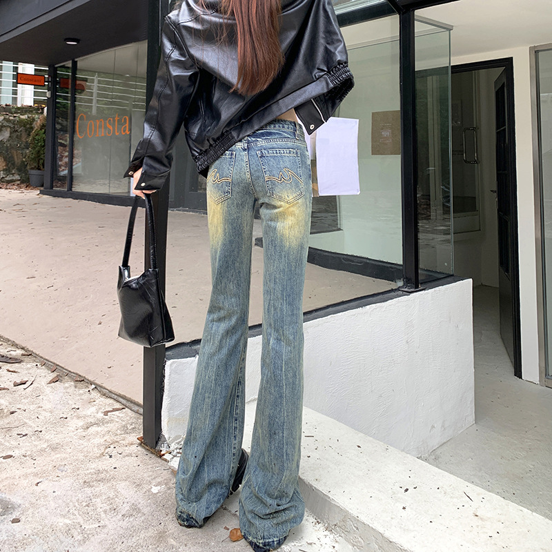 American-Style Low Waist Skinny Jeans for Women 2024 Spring and Autumn New Hot Girl Straight Slim Slimming Horseshoe Bell-Bottom Pants