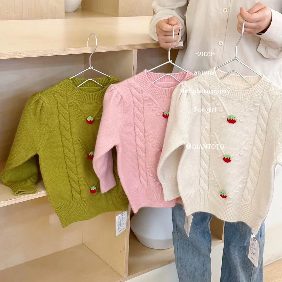 3色 草莓麻花儿童毛衣杭州钱多多品牌童装秋冬款女孩童毛线上衣服