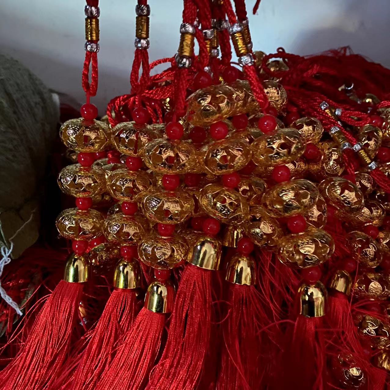 爆款福鱼富裕中国结金属灯笼金色铃铛串花卉花艺汽车装饰挂件