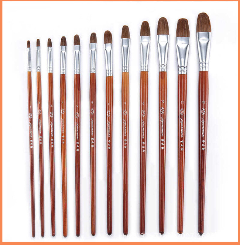 圆头狼毫油画笔12支装木质油画笔套装美术教学老师画家油画笔