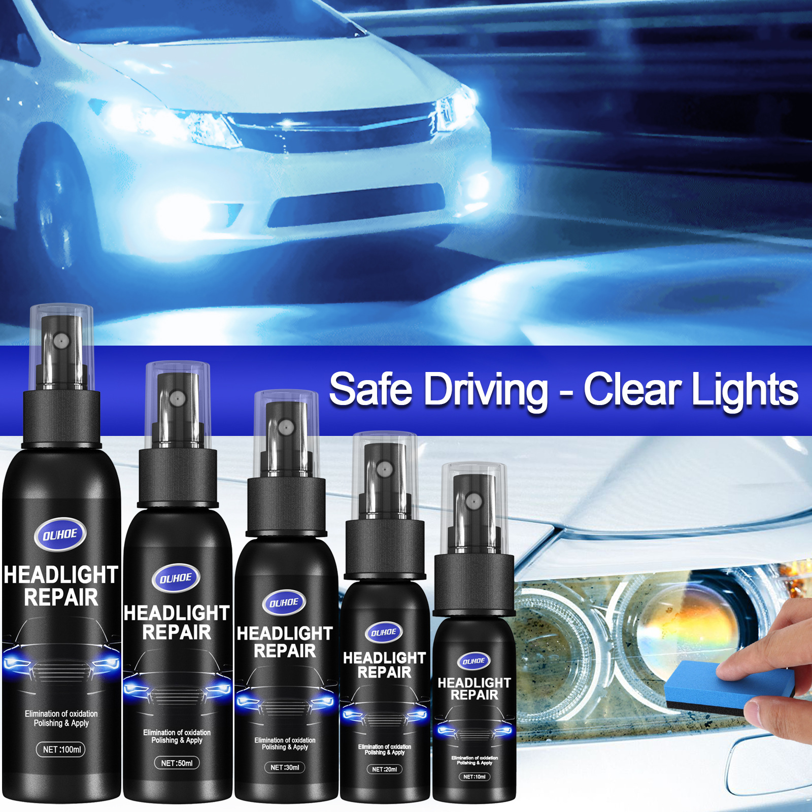 Ouhoe Car Light Repair Spray Car Headlight Lamp Cover Scratch Polishing Car Headlight Repair Renovation Repair Cream