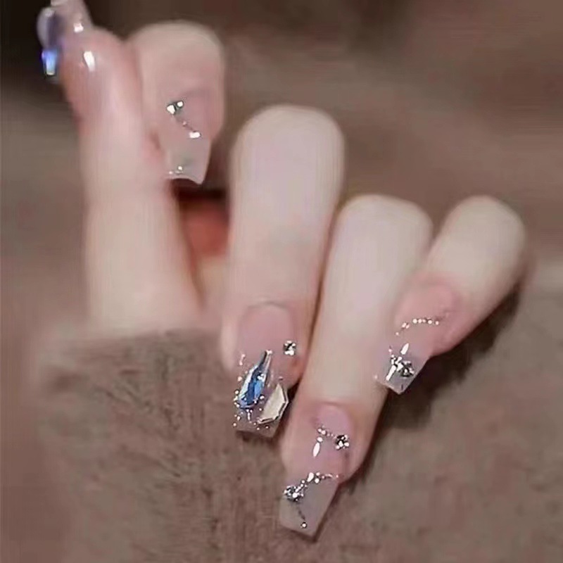 Warm Genie Same Style Wear Nail Flash Broken Diamond Manicure Finished Nail Stickers Removable Fake Nail Long Nail Stickers