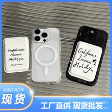 美式英文适用iPhone15ProMax苹果13简约磁吸卡包PU皮革手机壳跨境